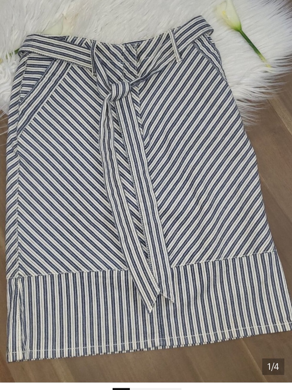 BCBG Striped Navy and White Tie-Waist Pencil Skirt
